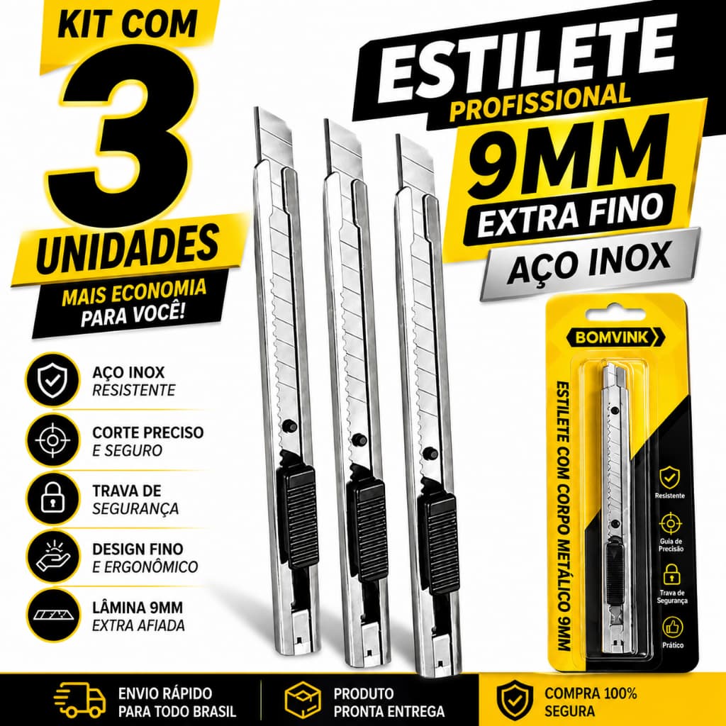 Kit 3 Estilete Profissional 9mm Aço Inox Reforçado Cortador Caixa Papelão Precisão Segurança Oferta