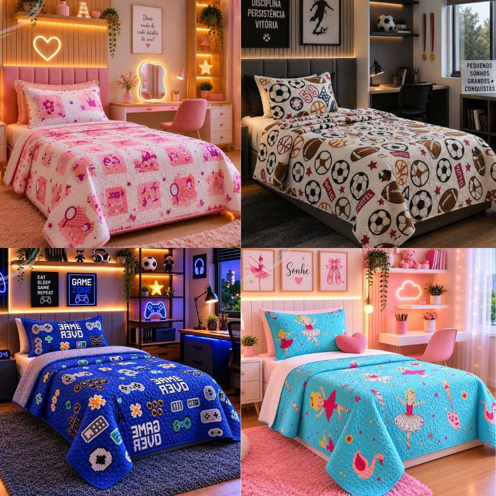 Colcha Cobre leito infantil + Porta Travesseiro Tecido Matelado de Alta Qualidade com Varias Estampas