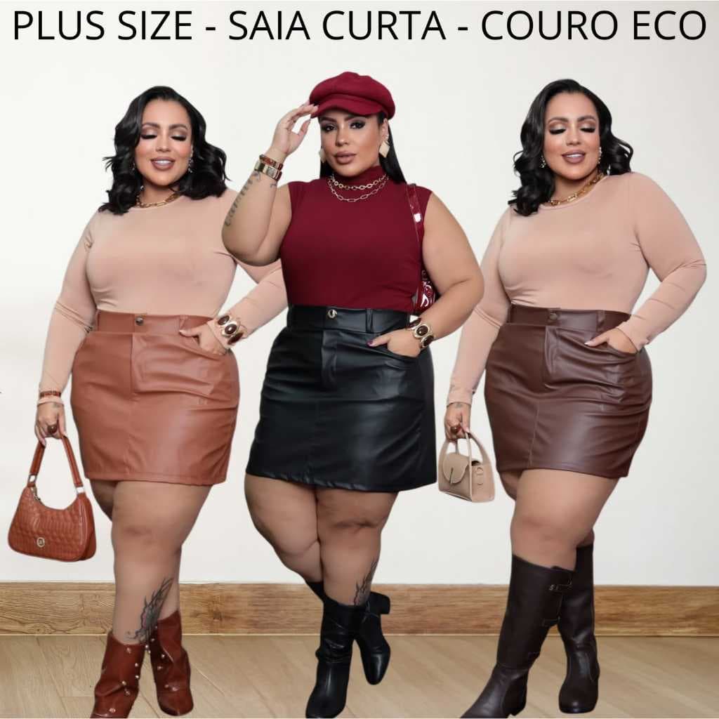 🔥Saia Curta Couro Fake Ecologico Plus Size Com Bolso Cintura Alta Feminina✨