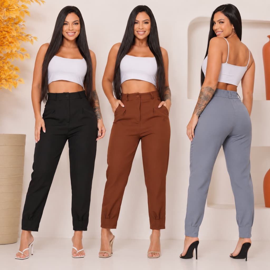 Calça Feminina Alfaiataria Modelo Cenoura Cintura Alta P ao GG Social Prega Elegante