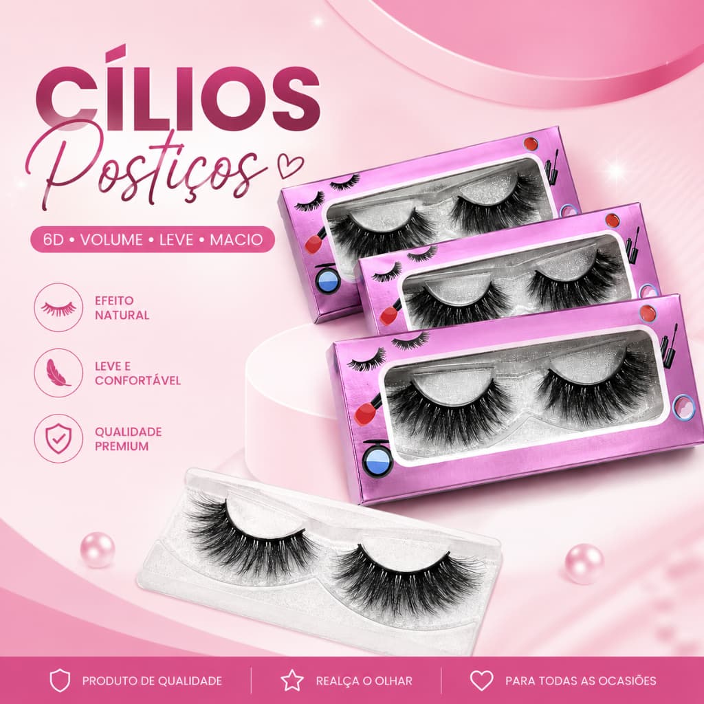 Kit Cílios Postiços 6D Natural Curling com ate 04 Pares Volume e Efeito Natural