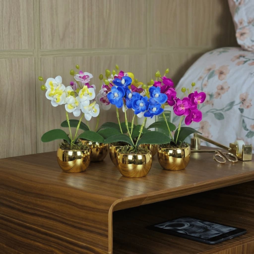 Arranjo Mini Orquidea Artificial Com Vaso Dourado Decorativo