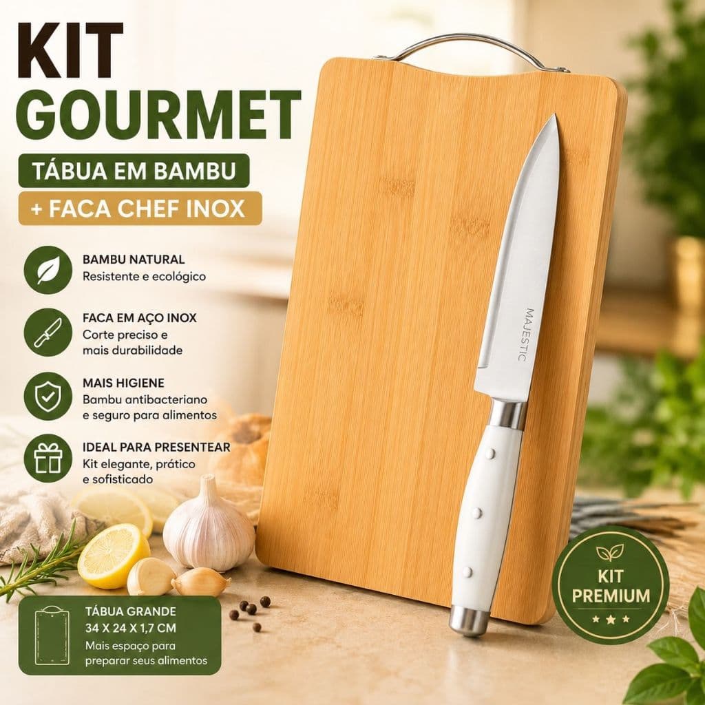 Kit Gourmet Tabua de Bambu 34x24cm Com Alça + Faca Chef Inox 9 Polegadas Cozinha Churrasco