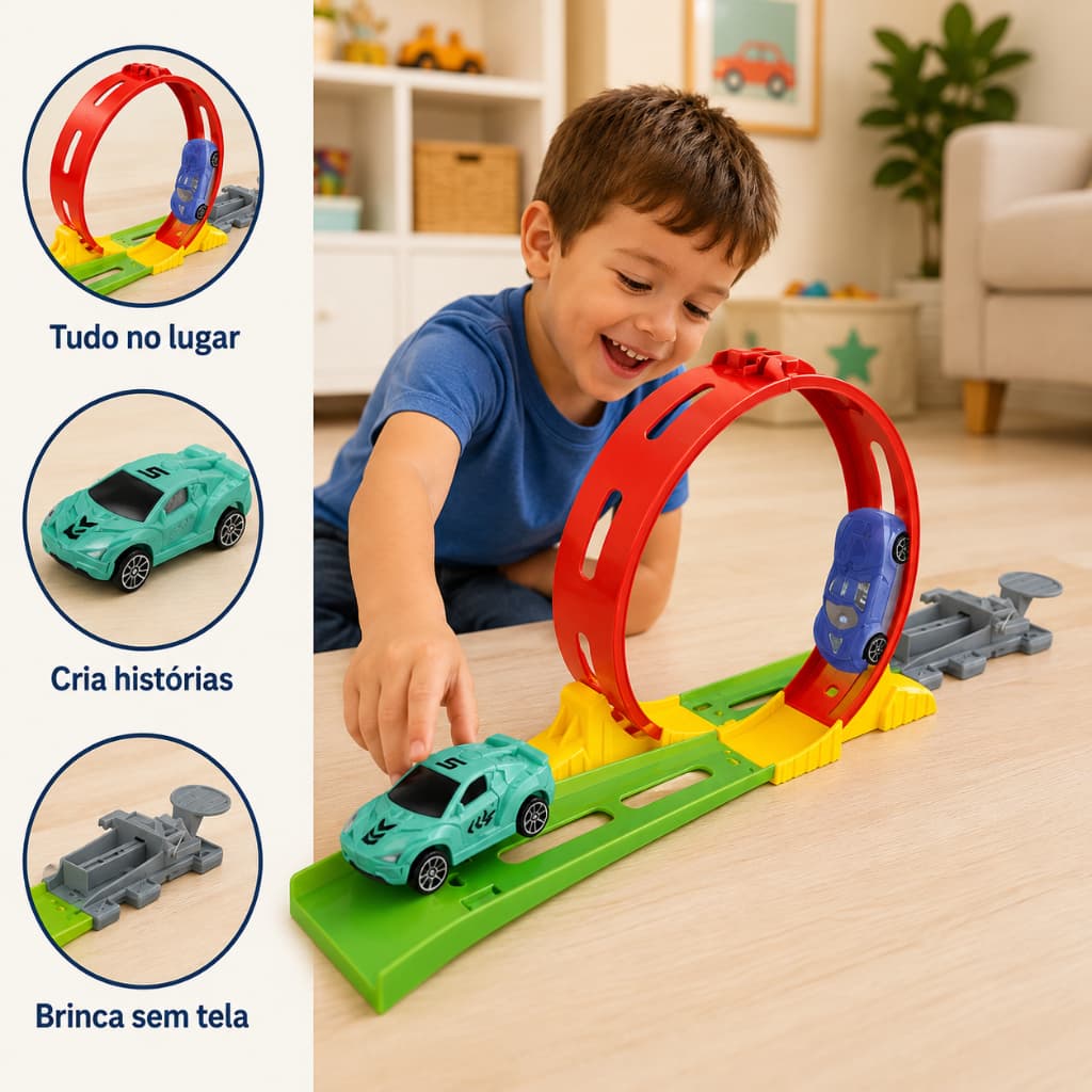 Pista Carrinho Lançador Brinquedo Infantil Para Menino Montável Rodas Giratórias 360 Graus Criativo