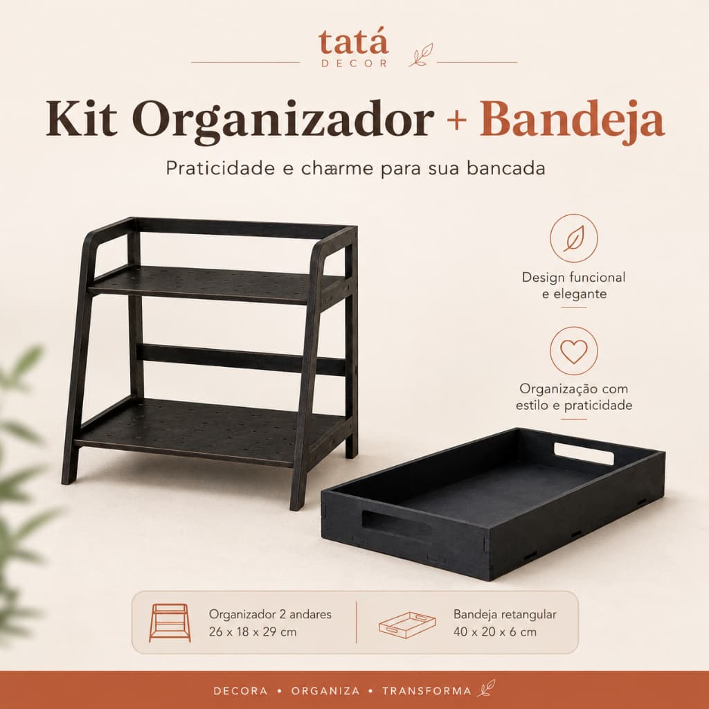 Kit Cantinho Do Café MDF Preto Organizador 2 Andares Com Bandeja Para Cozinha
