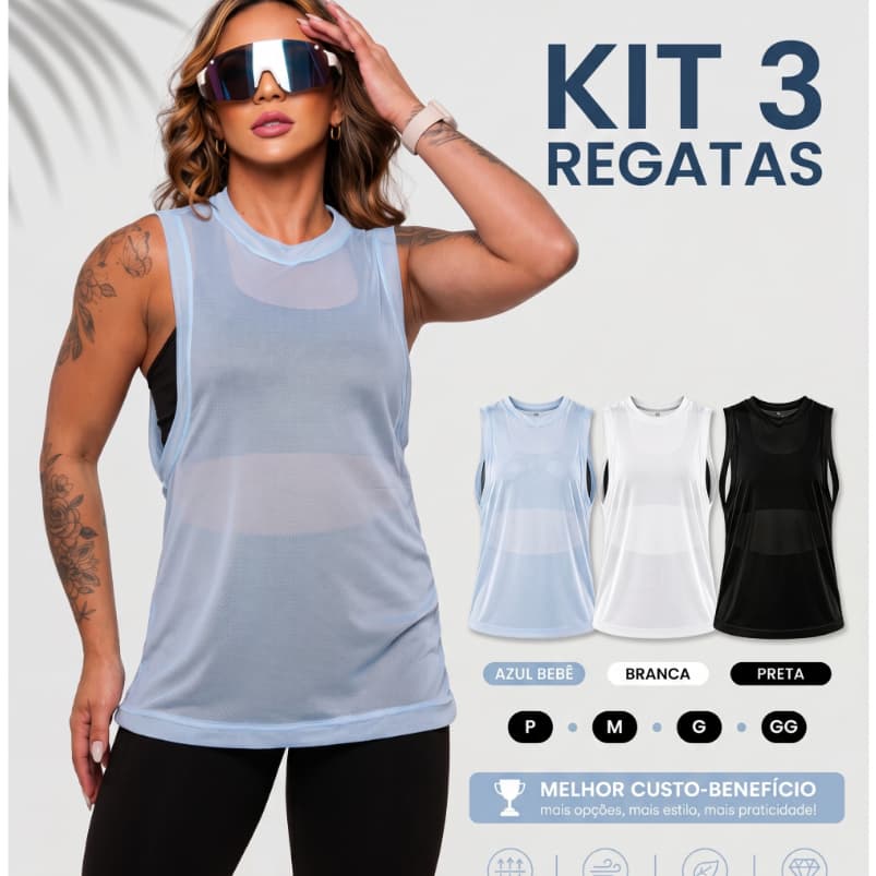 Kit 3 Regata Transparente de Tule Academia Feminina Regatão Blusa Moda Fitness