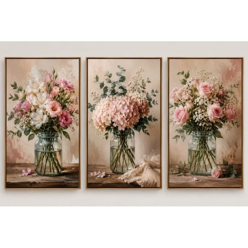 Quadro decorativo 3 peças flores jarro