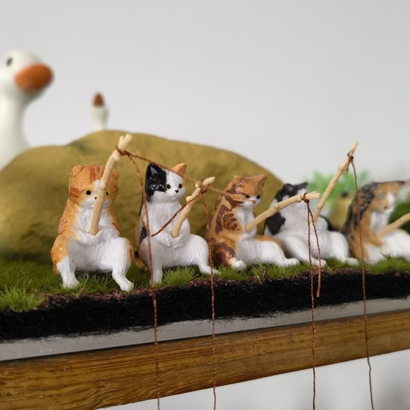 Gato Pescando para Aquário de Peixes Decoração em Resina
