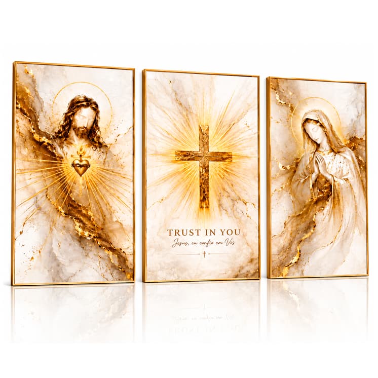 Quadro Decorativo Jesus Cristo Maria Cruz Dourada Religioso Luxo Sala Kit 3 Peças