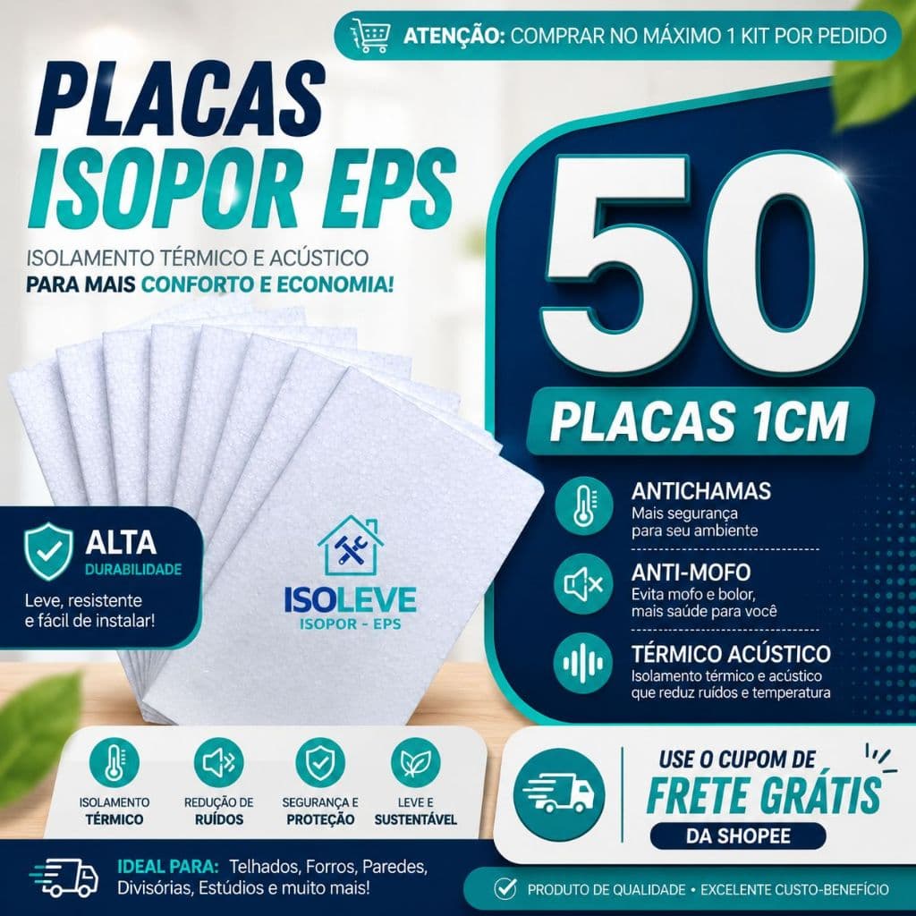 Kit 50 Placas Isopor EPS Antichamas 100x50x1cm | Antimofo | Forro | Parede | Isolamento Térmico