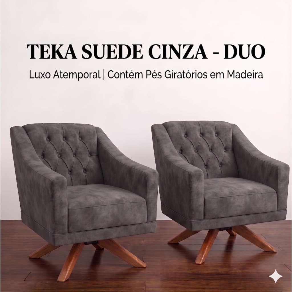 Kit 2 Poltronas Decorativas Teka Giratórias Suede Cinza Moderna
