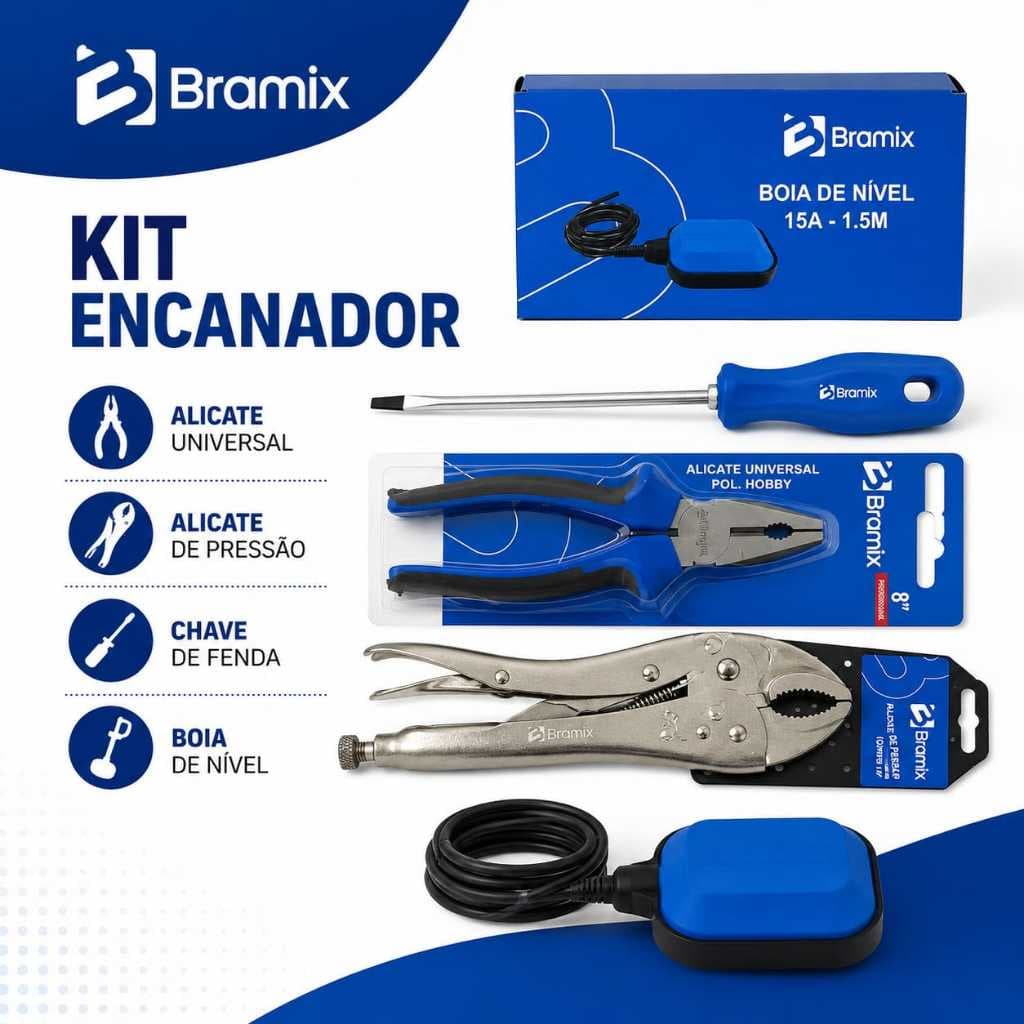 Kit Encanador Bramix Alicate Universal + Alicate de Pressão + Chave de Fenda + Boia de Nível 15A 1,5m