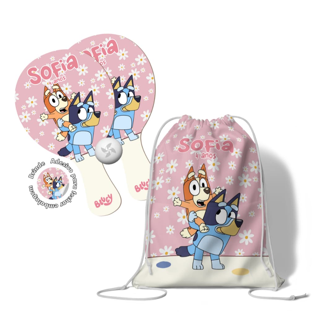 7/10/15/20/25 Kit Mochilinha e Raquetes Ping Pong -  Lembrancinhas Bluey e Pingo Personalizada Festa Aniversário