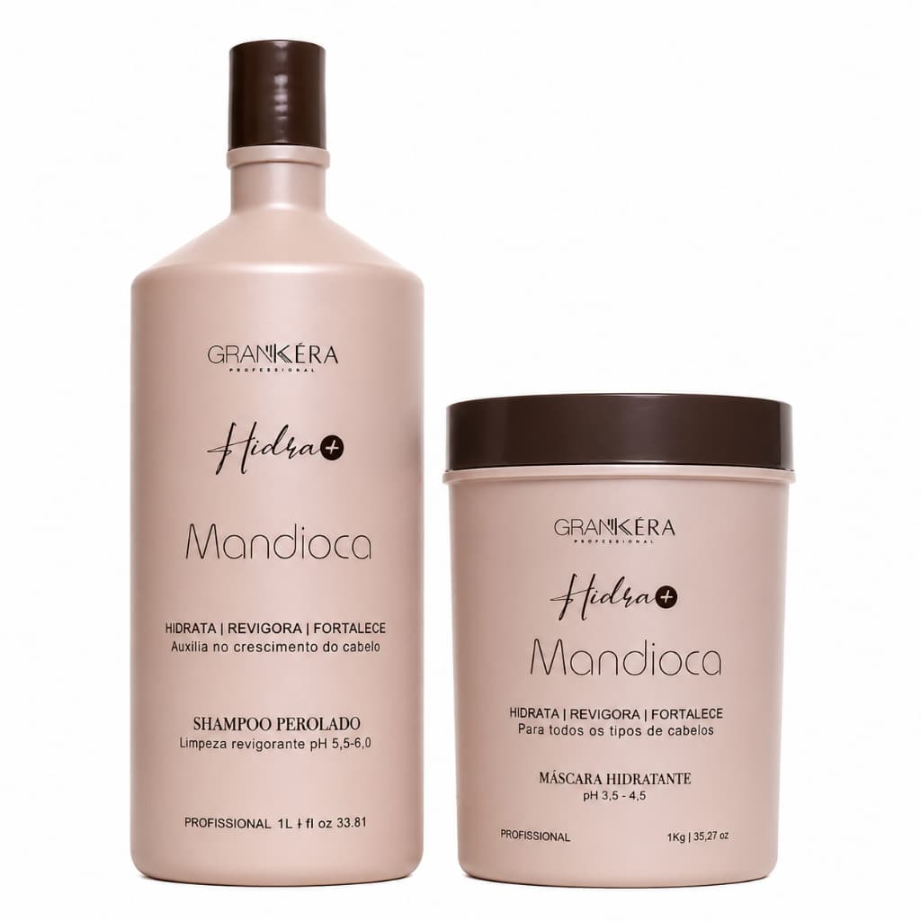 Kit Shampoo Máscara Mandioca Hidra+ Grankéra Hidratação Todos os tipos de Cabelo 1L 1Kg Profissional