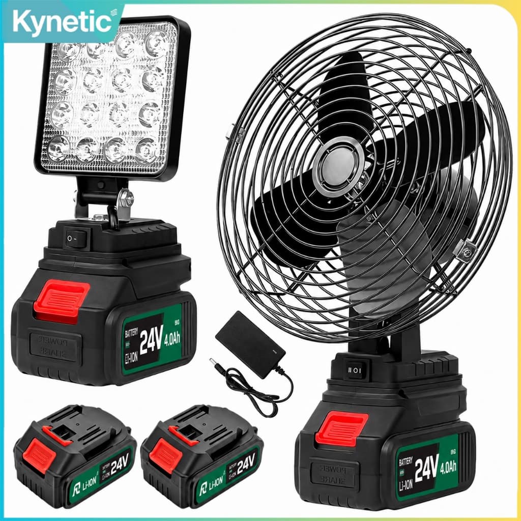 Ventilador de Mesa Portátil 8'' 21V com Lanterna de Trabalho 4'' LED 2 Baterias Recarregáveis
