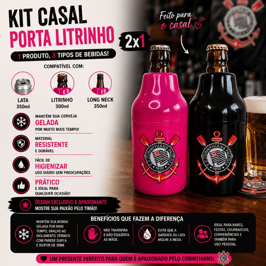 Kit Casal Corinthians Suporte Cerveja Porta Long Neck Térmico Garrafa 300ml Lata 350ml Homem Mulher