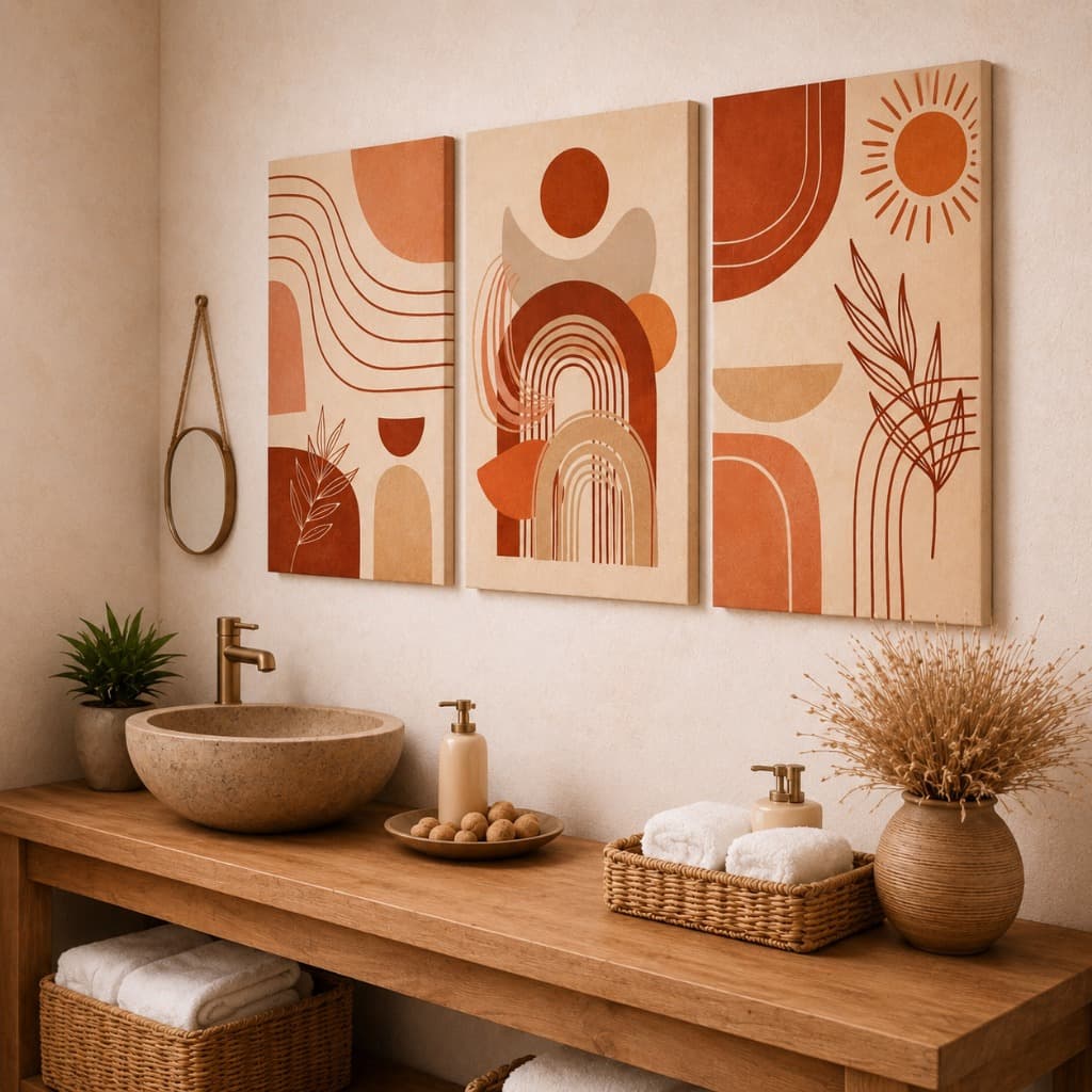 Kit 3 Quadros Decorativos Abstratos Terracota  Arte Moderna para Sala e Quarto