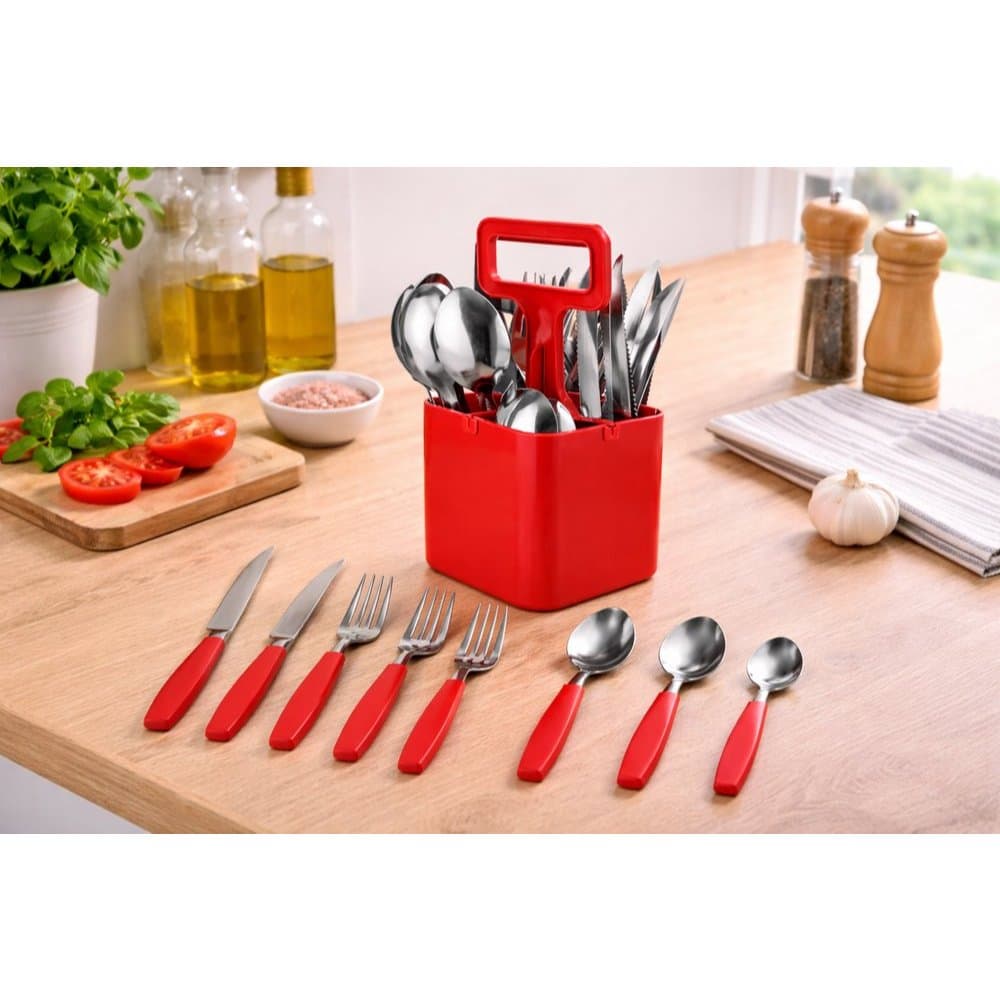 Conjunto Verona 25 Peças Talheres Premium com Suporte Luxo Durabilidade Cozinha Vermelho - Preto