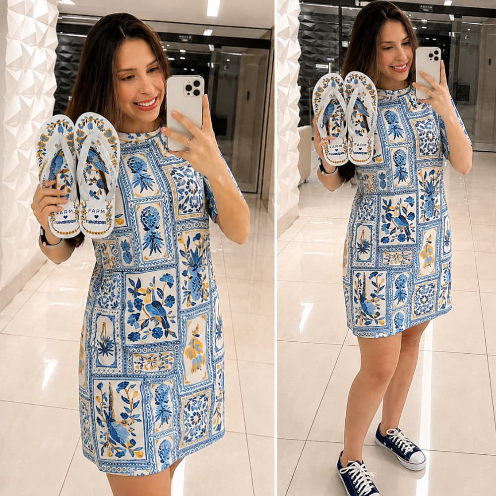 Kit Vestido Feminino Estampado Soltinho + Chinelo Mesma Estampa Look Verão Casual Confortável