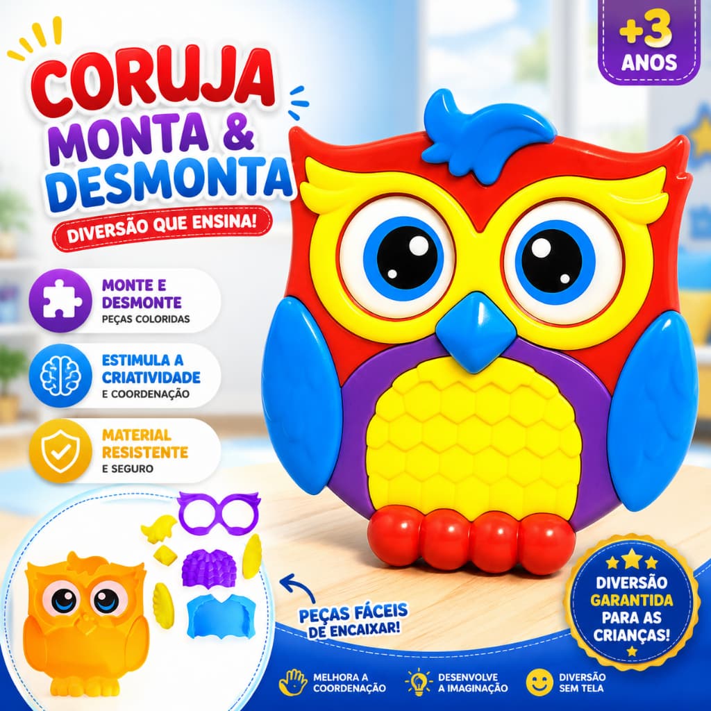 Quebra-Cabeça Corujinha Zoom Pedagógico Educativo Encaixe Brincadeira Passatempo Diversão Coruja