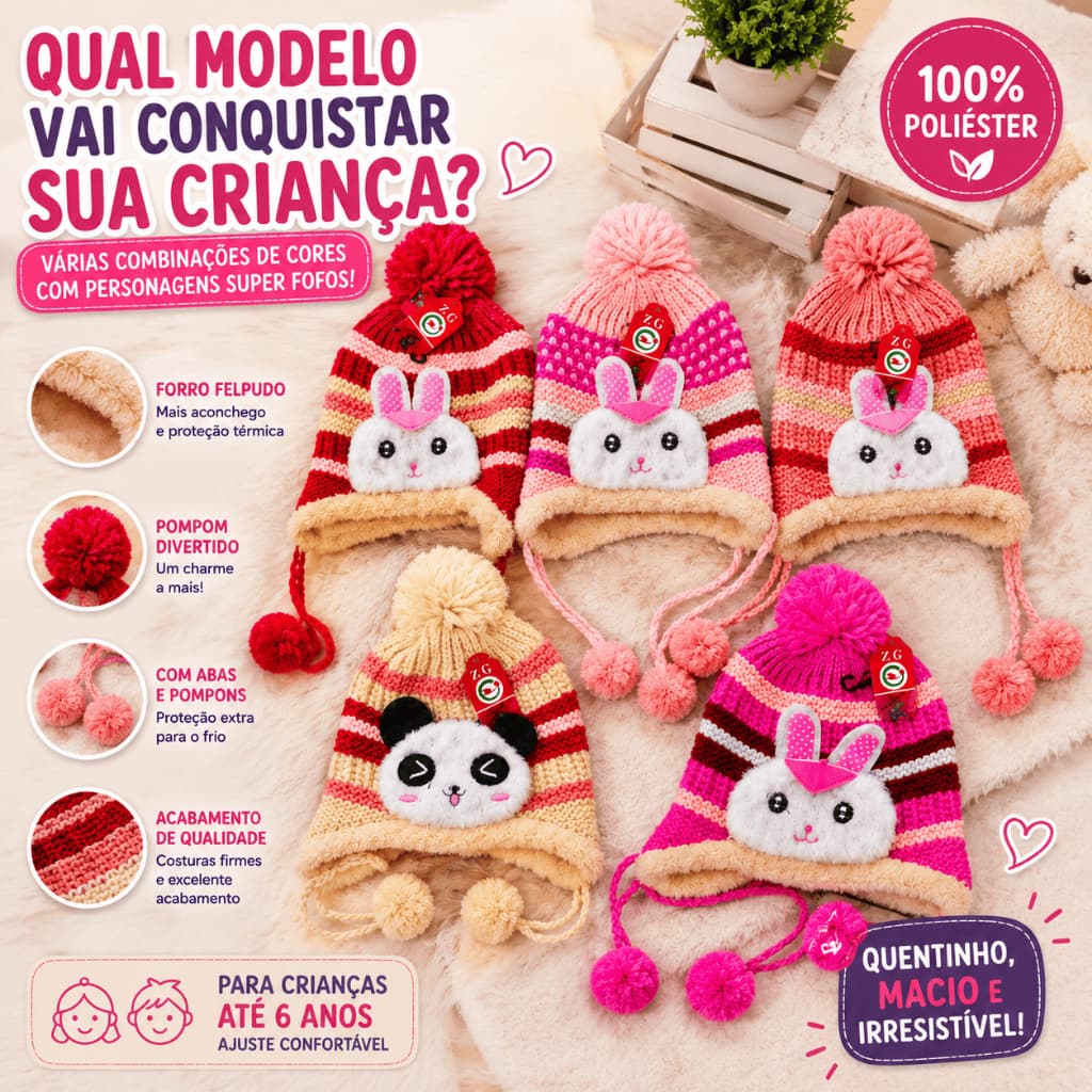 Touca Infantil Inverno Forrada Gorro Com Pompom Touca Térmica Quentinha Peluciada Menino Menina unis