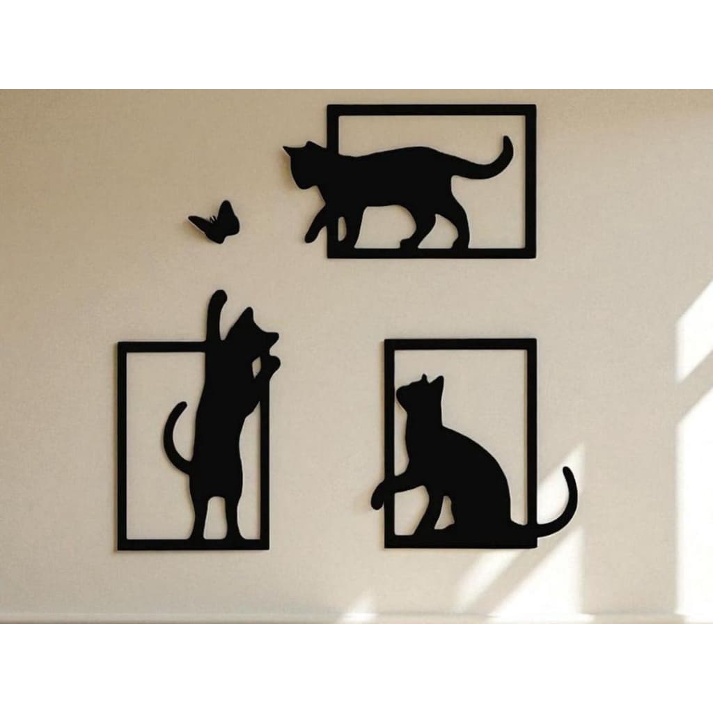 Kit Quadros Decorativos Vazados Gatos Brincando Com Borboleta Minimalista