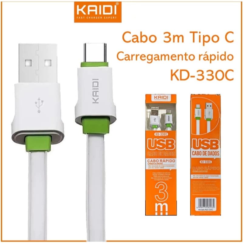 Cabo Carregamento USB para Tipo C 3m Kaidi KD-330C