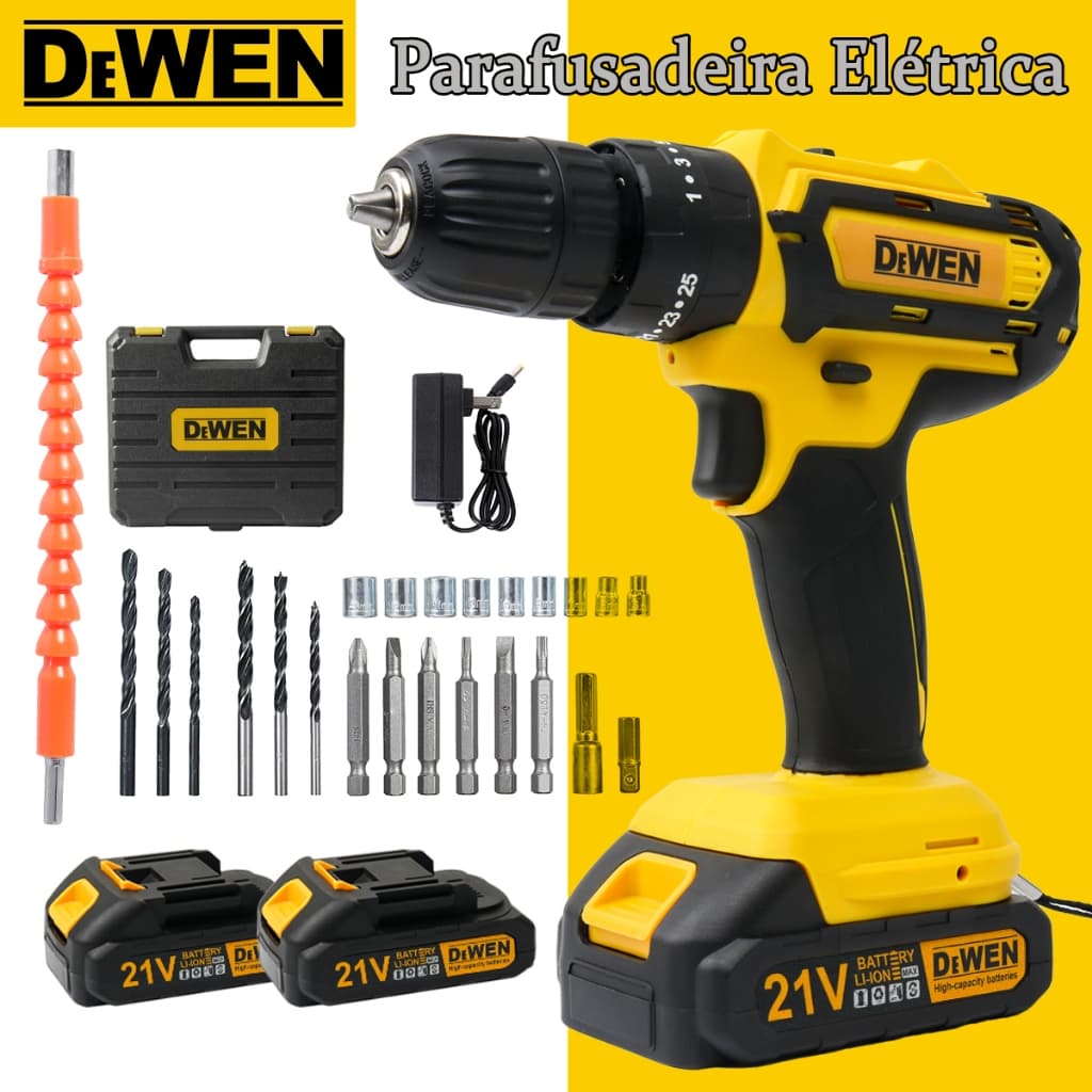 DeWEN Parafusadeira Furadeira 21V 2 Baterias Com Maleta e Acessórios Completo Furadeira de Impacto