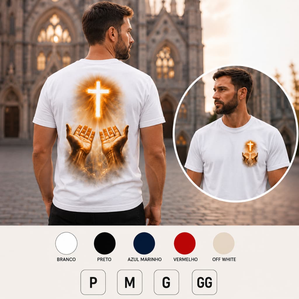 Camiseta Cristã Masculina/Feminina Estampa Cruz e mãos camisa unissex algodao premium