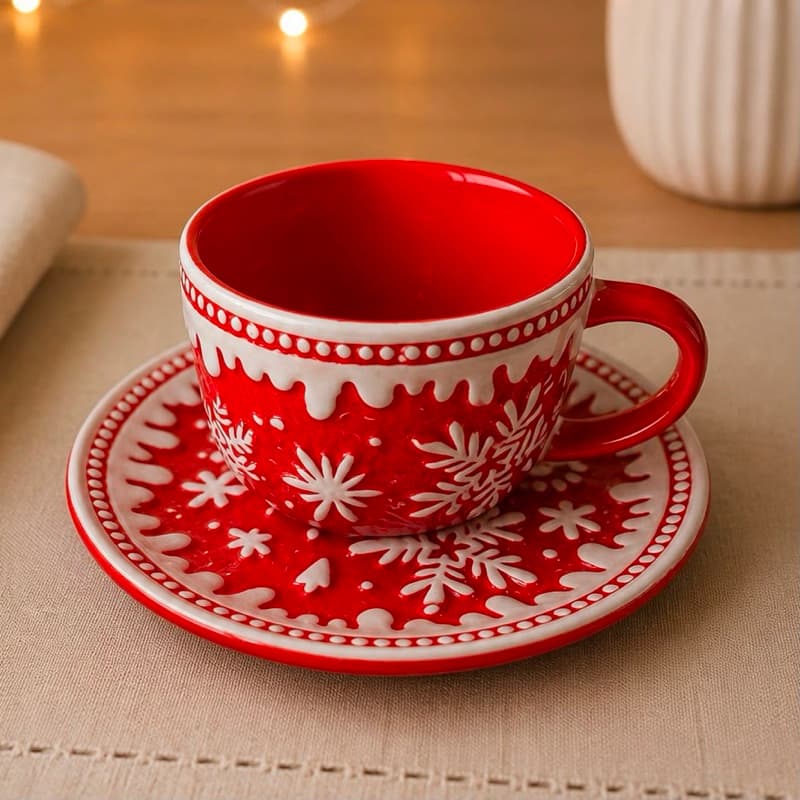 Xícara C/ Pires de Porcelana Xícara de Natal Mesa Posta Natalina