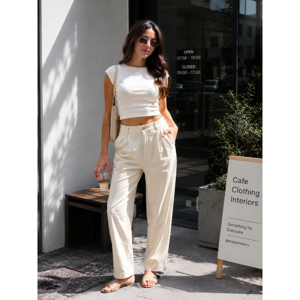 Calça Feminina Pantalona de Alfaiataria Cintura Alta com Pregas e Botão Dourado – Elegante e Confortável