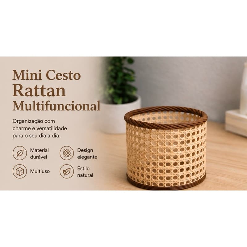 Cesto Rattan Decorativo Multiuso | Organizador para Maquiagem, Joias, Mesa e Decoração