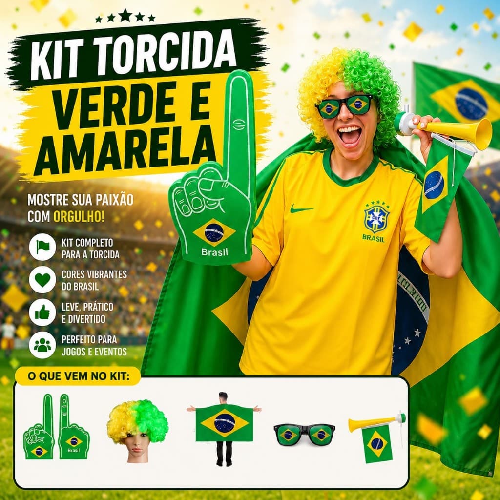 🏆 Kit Torcedor Brasil Copa do Mundo 2026 5 Itens Óculos Brasil, body Flag, Peruca verde amarelo, dedo espuma e vuvuzela