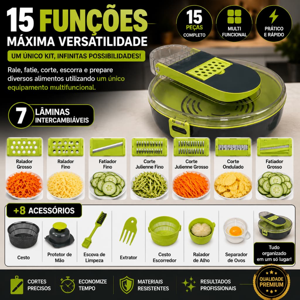 Ralador Fatiador De Legumes Multifuncional 15 Peças Cortador Profissional De Cozinha Salada