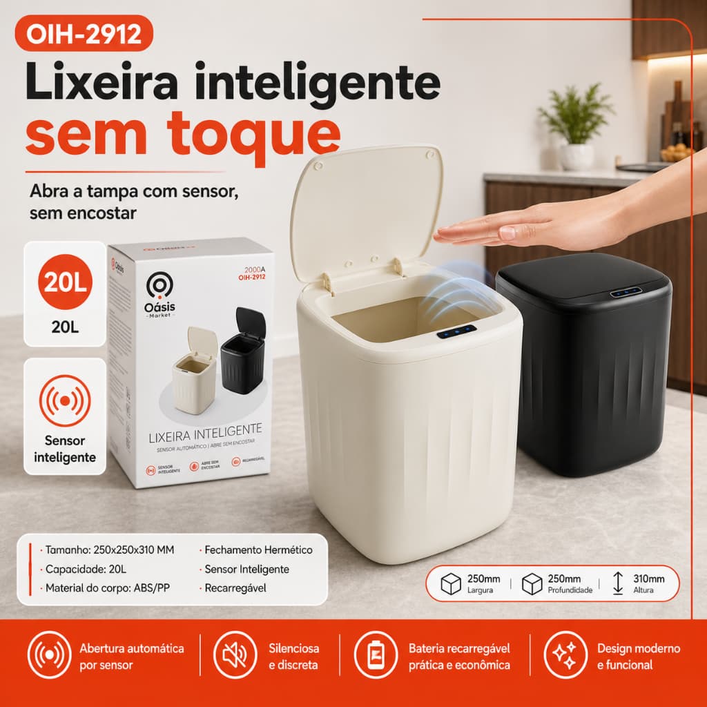 Lixeira Inteligente 20L Sensor Automática Recarregável Tampa Hermética Cozinha Banheiro