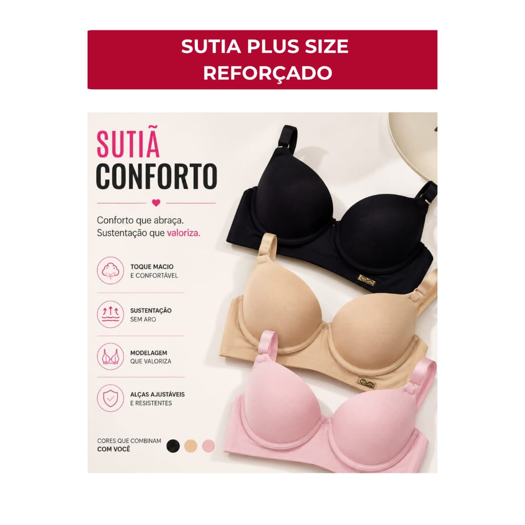 Sutiã Plus Size Reforçado Microfibra Cropped Pala Larga Bojo Liso Alças Reguláveis
