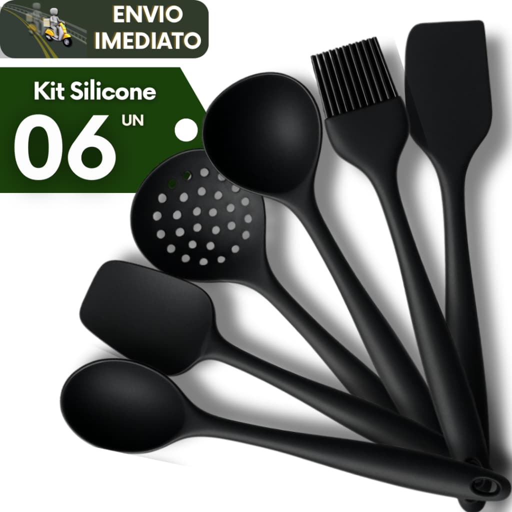Kit 06 Utensílios De Cozinha Premium Silicone Antiaderente Preto Vermelho Cozinha Restaurantes
