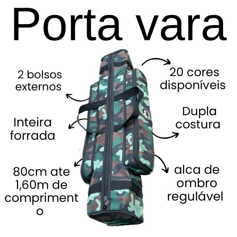 Porta vara de Pesca Impermeável Forrado 2 bolsos externos alça regulável 80cm até 1,60m