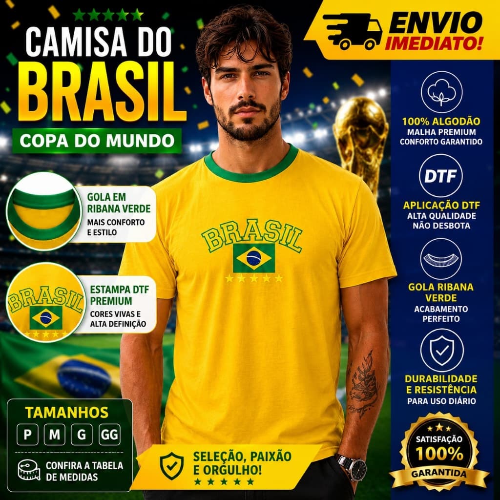Camisa Brasil 100% Algodão Camiseta Seleção Brasileira Copa Mundo Premiun Conforto Torcida