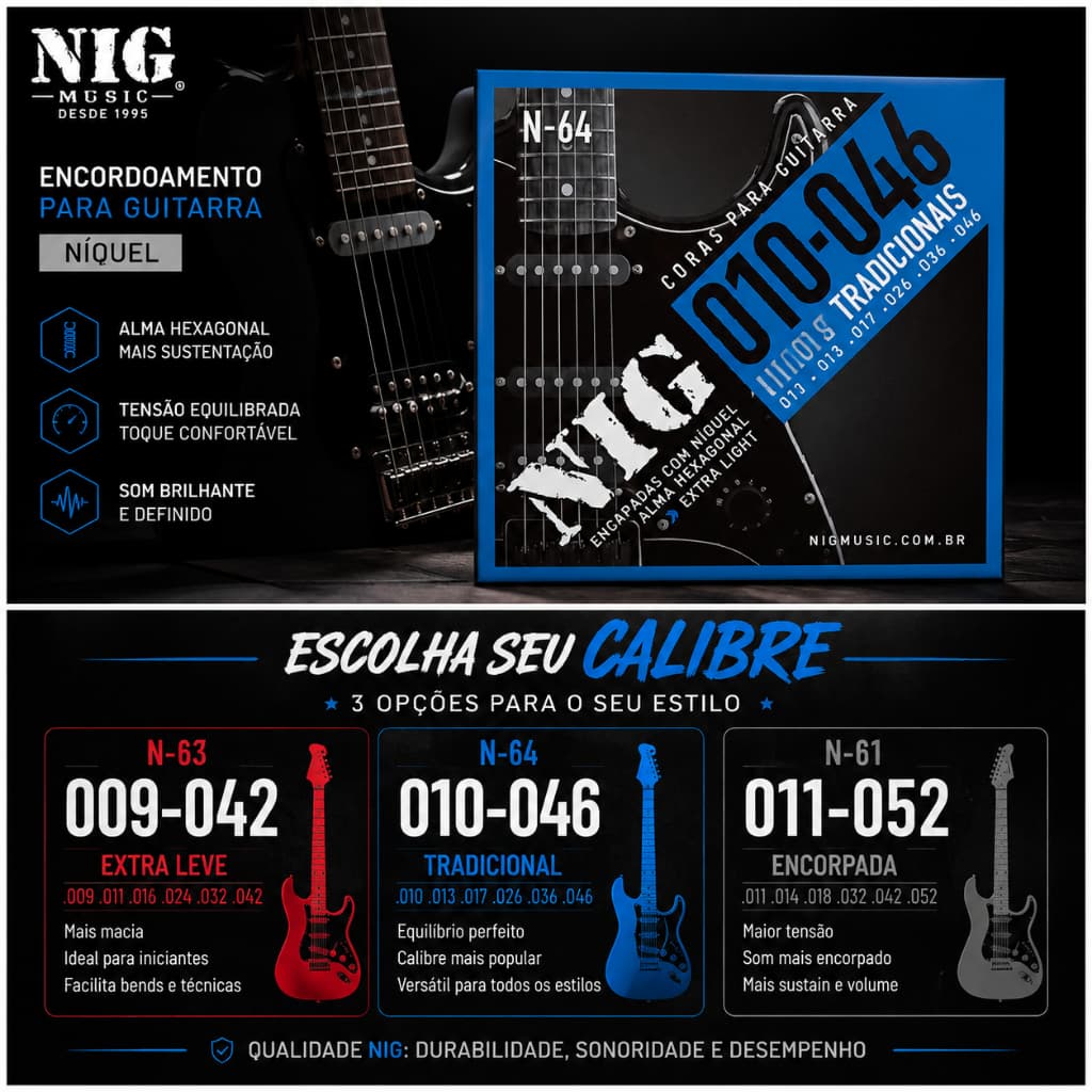 Cordas para Guitarra NIG 009 010 011 Níquel – Encordoamento Elétrico Aço