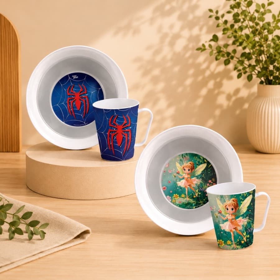 Kit Infantil Prato E Caneca Personagens Menino E Menina Refeição Divertida Presente Crianças