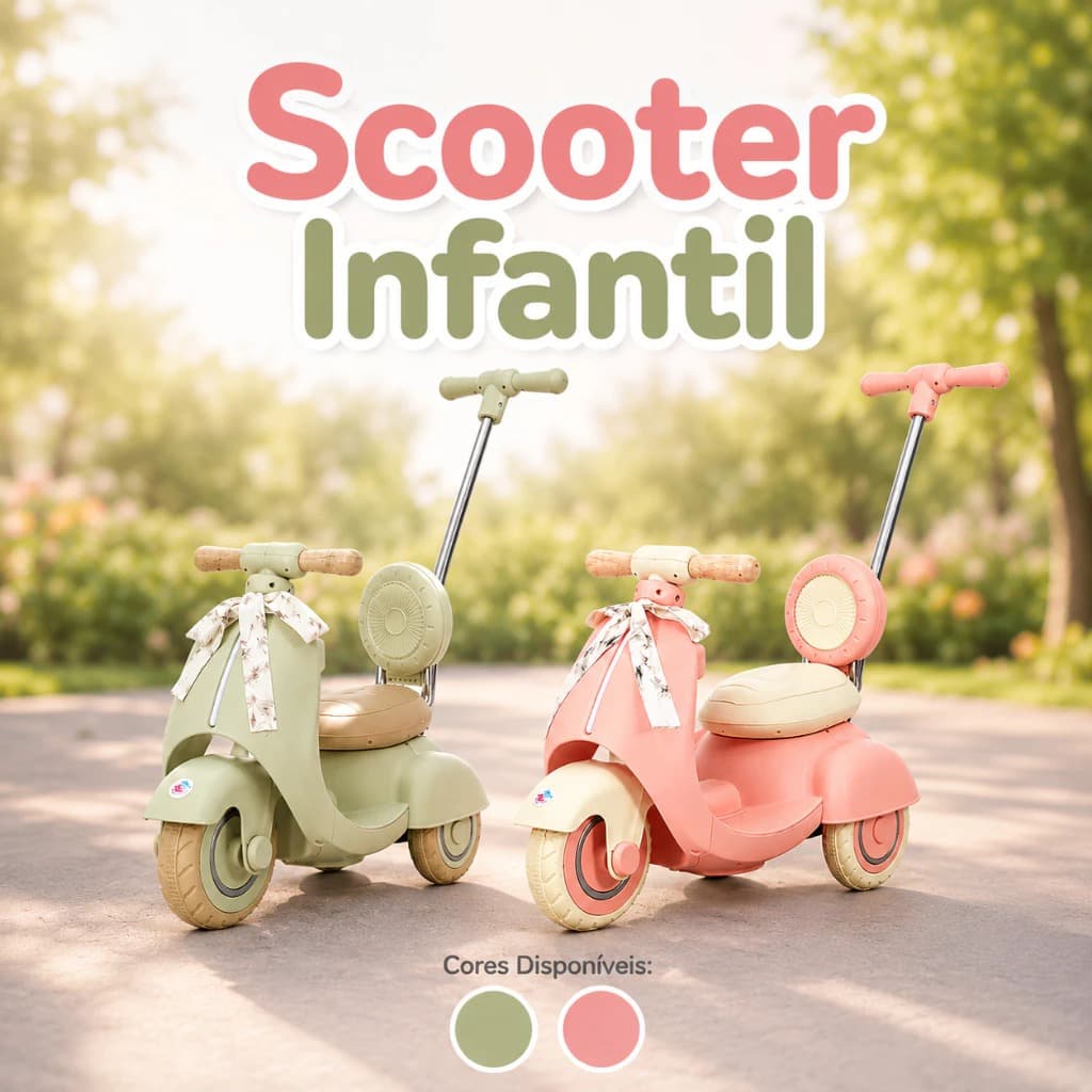 Moto Elétrica Infantil 6V Verde com Empurrador Bateria Recarregável Assento Anatômico Estilo Scooter