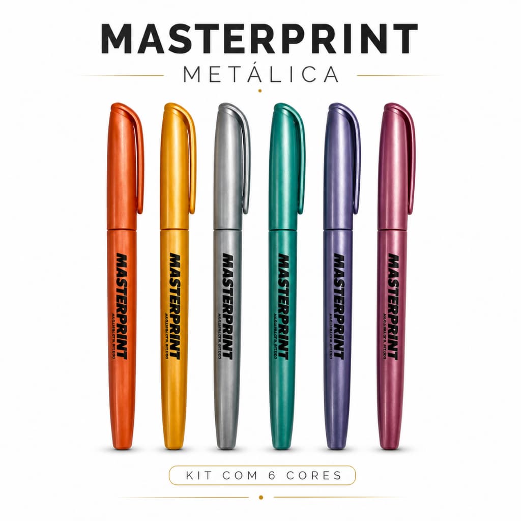 Kit Marca Texto Metálico Glitter 6 Cores Masterprint Caneta Marcadora Escolar