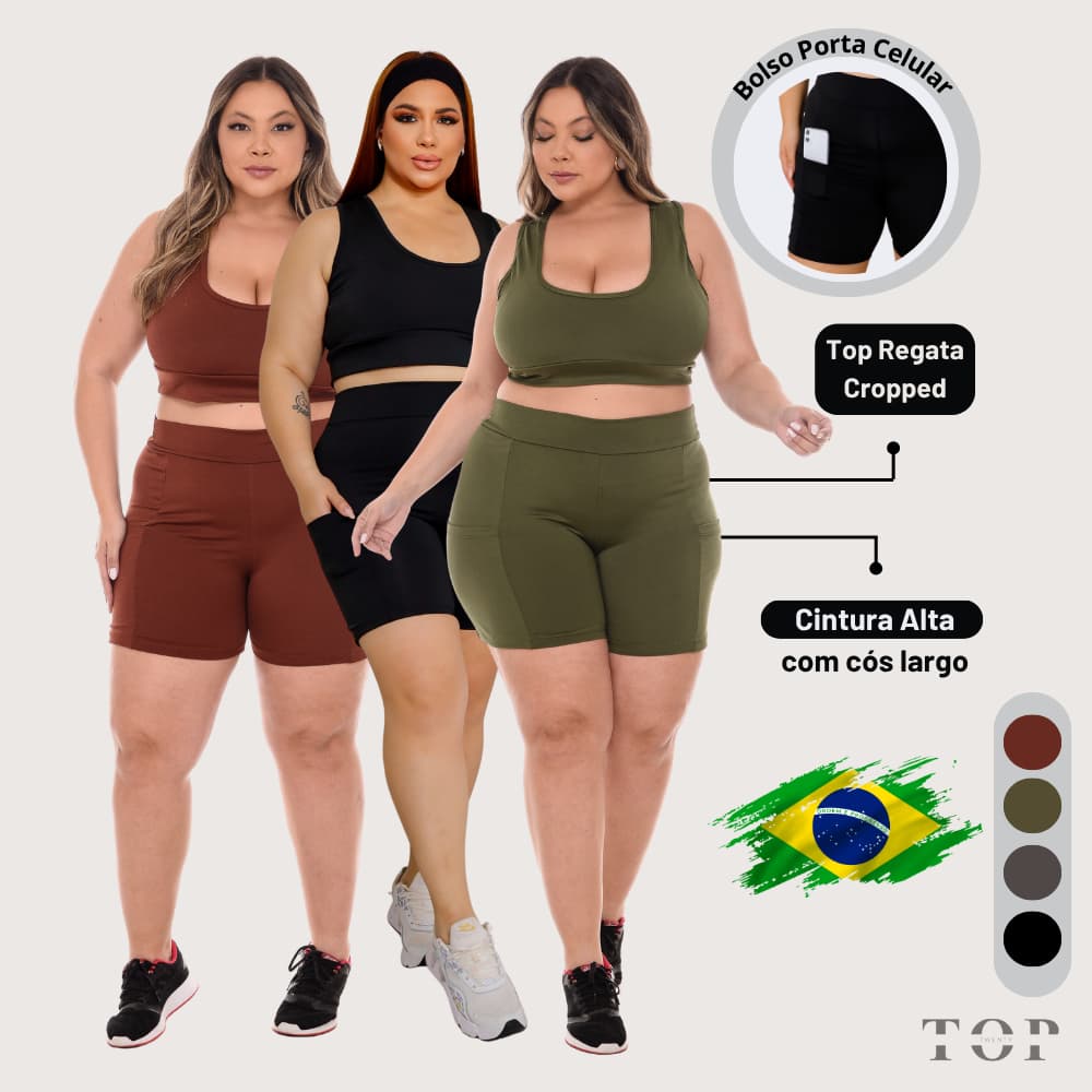 Conjunto Feminino Fitness Plus Size Top Regata Cropped e Short Cintura Alta com Bolso Porta Celular