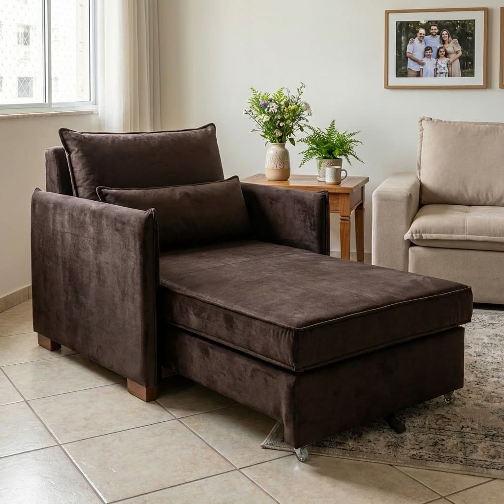 Poltrona Cama Retratil Solteiro 190cm Veludo Multifuncional Moderna Compacta Confortavel Sala Quarto Dormir Leitura Lisa