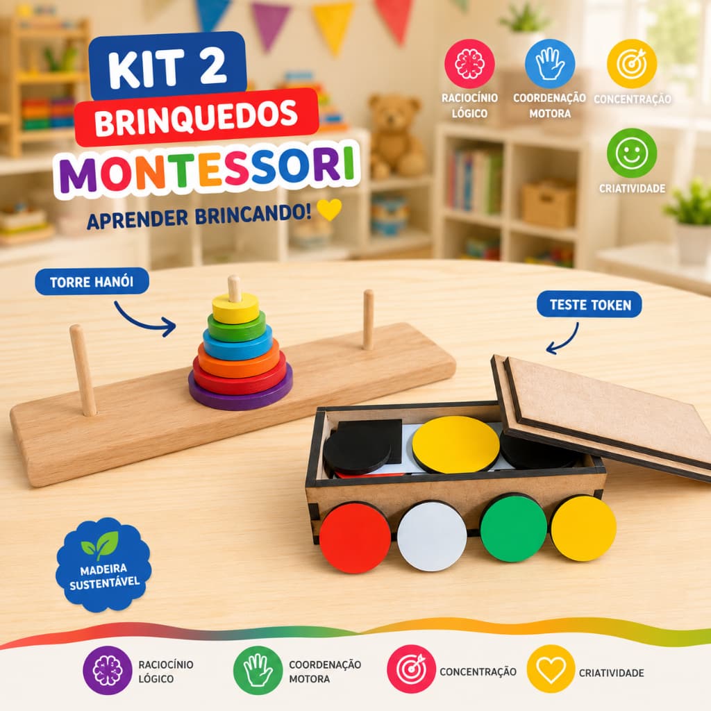 Kit Educativo Infantil Teste Token + Torre de Hanói c/ Aplicação | Raciocínio Autismo TDAH Terapeuta