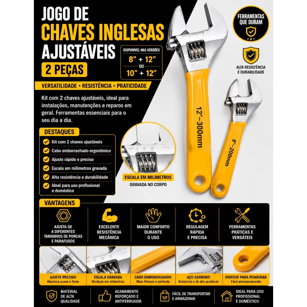 Jogo Chave Inglesa Boca Ajustável 12 E 8 Polegadas 2 Peças Cabo Emborrachado