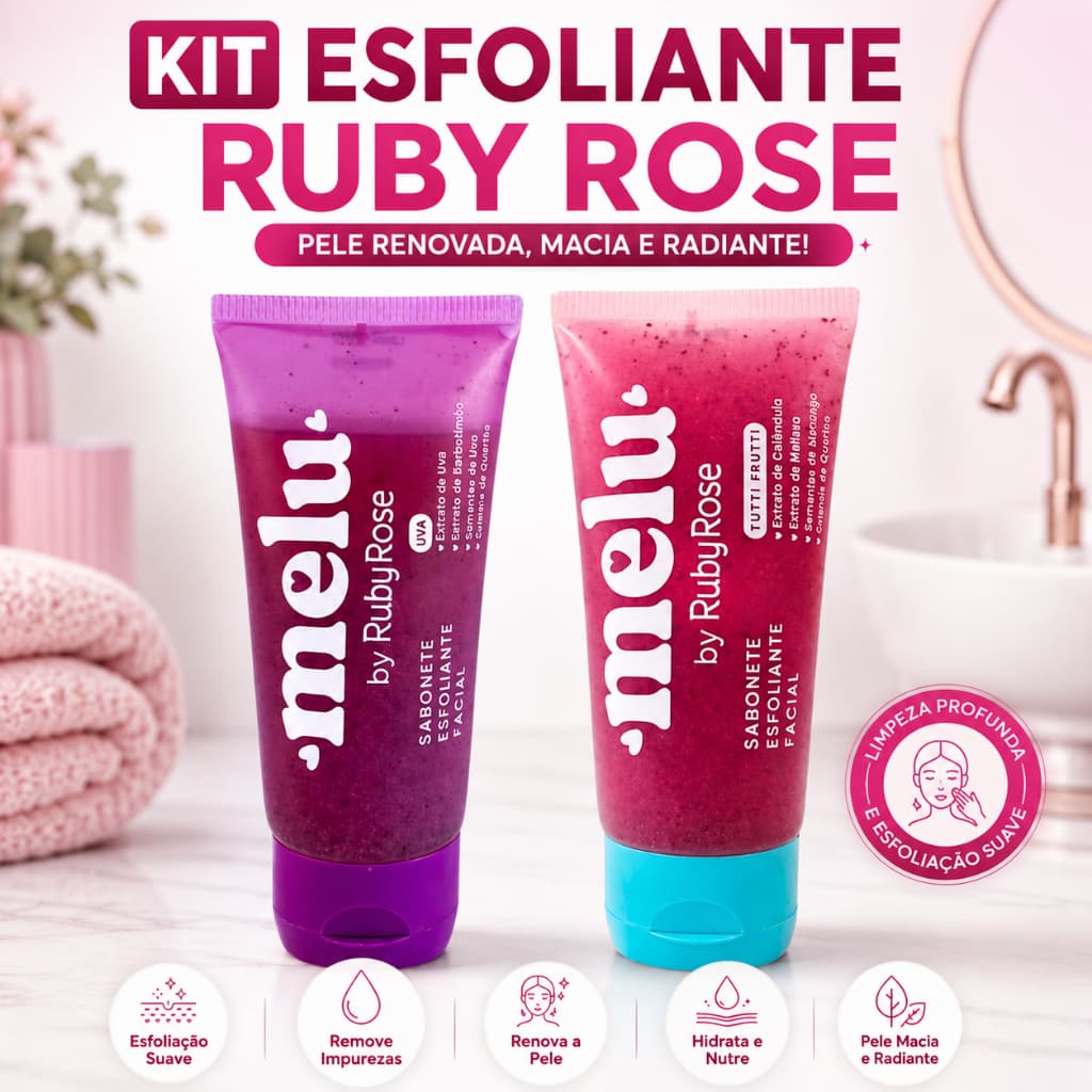 Kit 2 Sabonetes Esfoliante Facial Melu Ruby Rose Tutti Frutti Uva Limpeza Profunda Pele de Porcelana