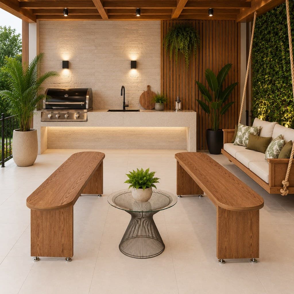 Conjunto de Banco Oval 137cm em Mdf Reforçado para Área Gourmet Varanda e Espaço de Convivência