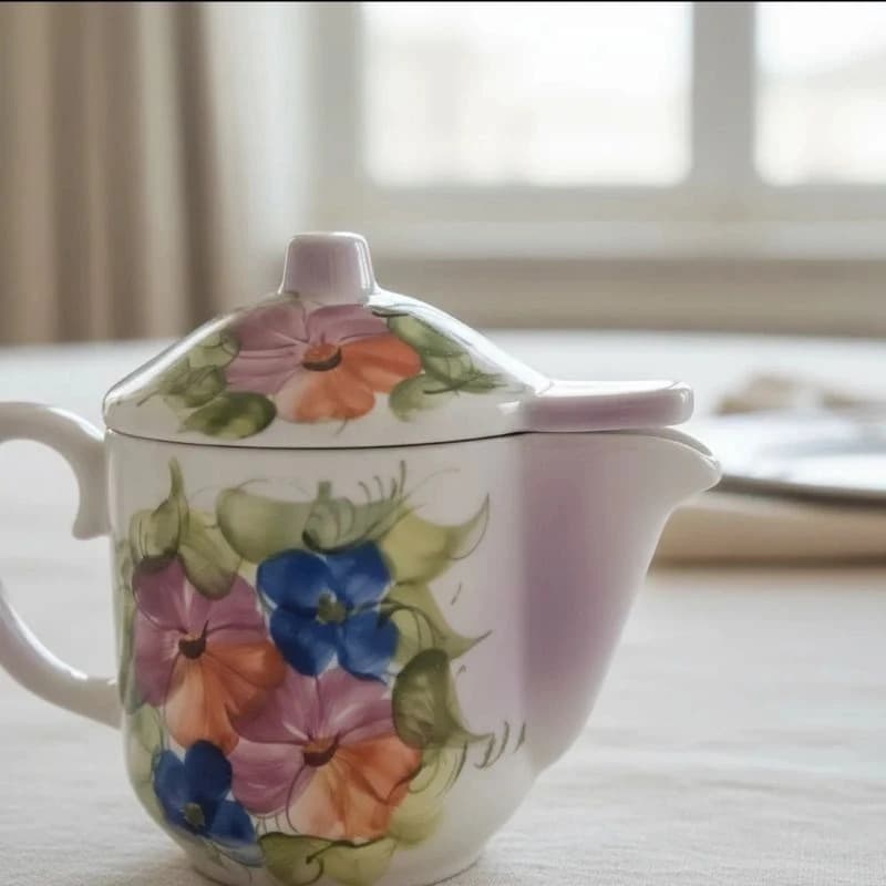 Leiteira Com Tampa 750ml Em Cerâmica Pitura Floral.